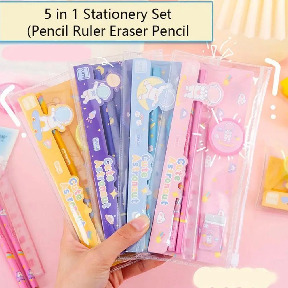 

1 Set Cute Cartoon Pencil Set Children's Day Birthday Gift School Supplies Student School Stationery Ruler Eraser Sharpener