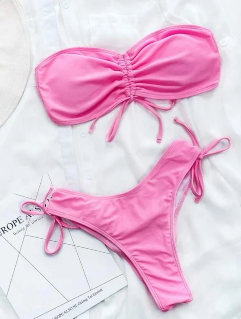 Maillot de bain femme 2 pièces, uni, froncé, proximité, string, Bikini – Image 6