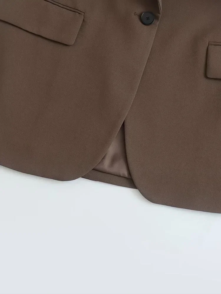 Women Fashion With Pockets Brown Single Button Blazer Vintage Notched Neck Long Sleeves Female Chic Lady Outfits 5