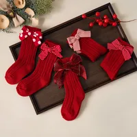 Baby Girls Red Big Bow Christmas Socks Kids Children Cotton Solid Woolen Sock Leg Warmers Girl Toddler Soft Socken For 0-5Years 1