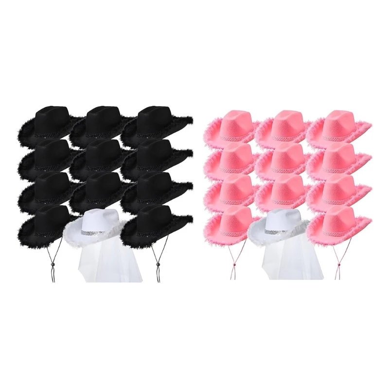 Bachelorettes Party Hat Set for Bridal Shower Women Cowgirl Hat Wedding Accessories Furry Brim Nightclub Headwear cowgirl hats
