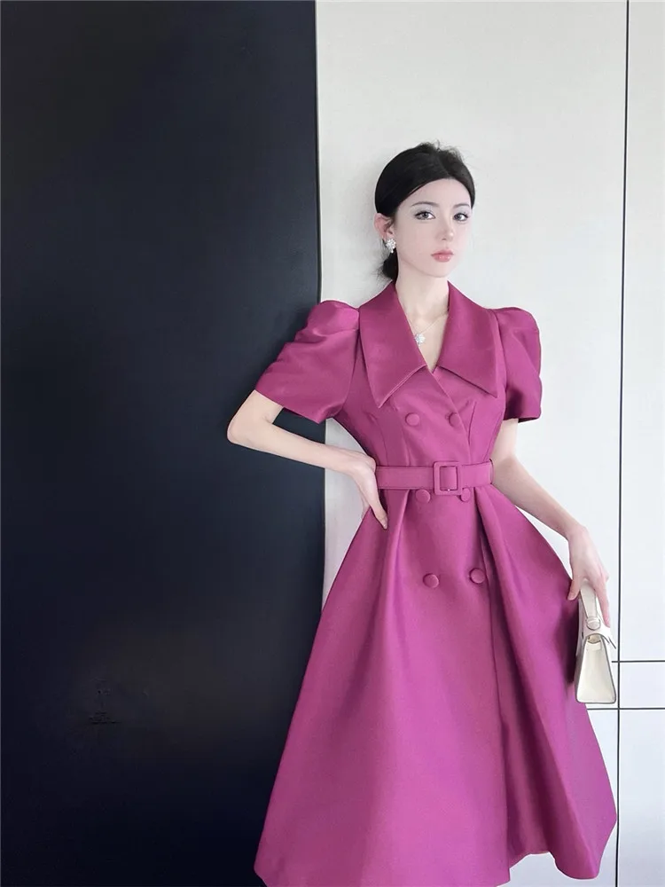 

Elegant Lady Fuchsia Black Belt Blazer Dress Celebrity Short Puff Sleeve High Waist Slim A Line Dress Split Midi Bubble Skirt