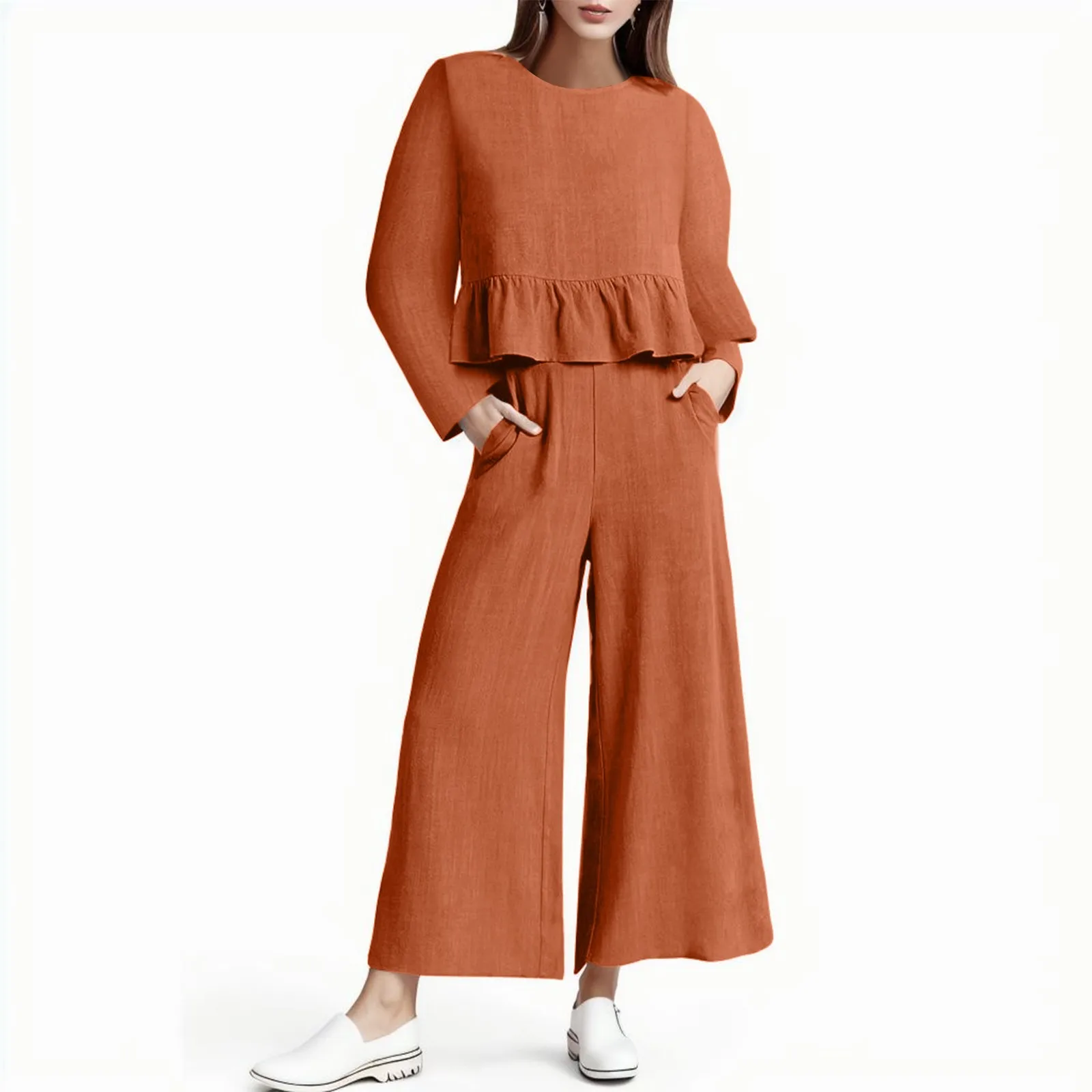 

Fashion Women'S Round Neck Long Sleeved Pleated Wide Leg Cropped Loose Pants Elegant Casual Ruffles Solid Color Two Piece Set