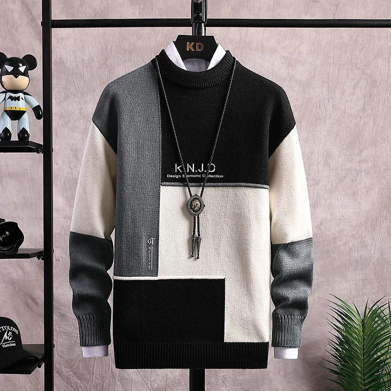 

Autumn and Winter Warm Sweater Men's Casual Slim O-neck Pullover Fasion Splicin Sweater i Quality Knitted Sweater Men