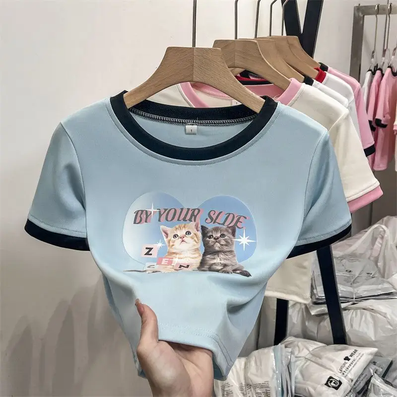 

Summer New Short Sleeve Tee Shirt Y2k Kawaii Crop Top Slim Fit Tops American Vintage O-neck Cat Print Women Graphic T Shirts