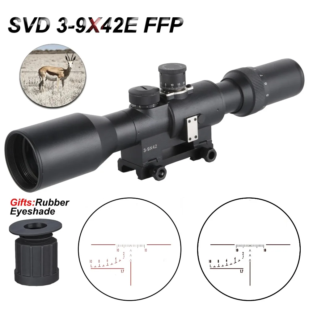 

Тактический прицел для винтовки SVD 3-9x42 FFP, охотничий прицел с красной подсветкой, стеклянная сетка, оптический прицел для наружной винтовки AK47