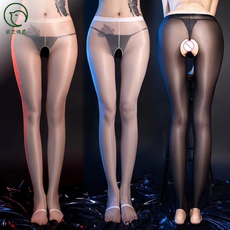 

See Through Open Crotch Tights Sexy Women Oil Gloosy Sheer Pencil Pants Shaping Shiny Elastic Leggings Dance Pantyhose Club Wear