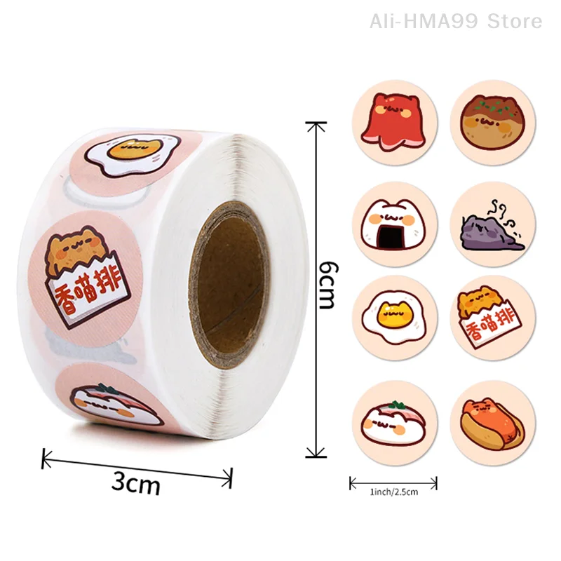 500Pcs/Roll 2.5cm/1inch Circular Cute Cartoon Sushi Pattern Decorative Sticker Baked Dessert Lunch Box Label Decor Sticker