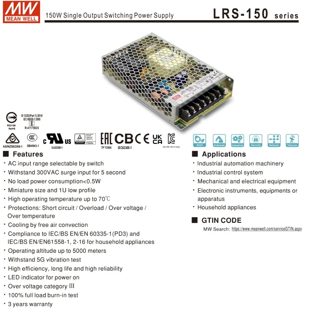 Mean Well LRS-150 시리즈 단일 출력 스위칭 전원 공급 장치, 150W, 12V, 15V, 24V, 36V, 48V