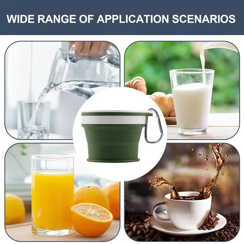 Folding Cups Food Grade Water Cup Silicone Retractable Portable Outdoor Handcup Reusable Leak Proof Camping Cup with Carabiner