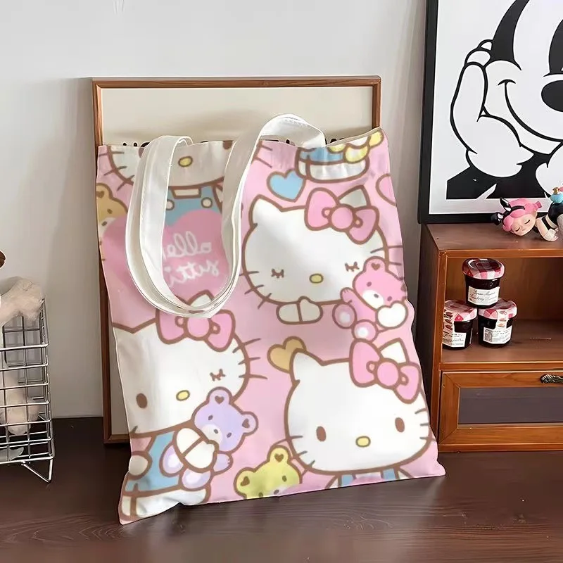 

Холщовая Сумка-тоут Sanrio Kitty с кошкой, вместительная школьная сумка на молнии для учеников, подарок для девочек