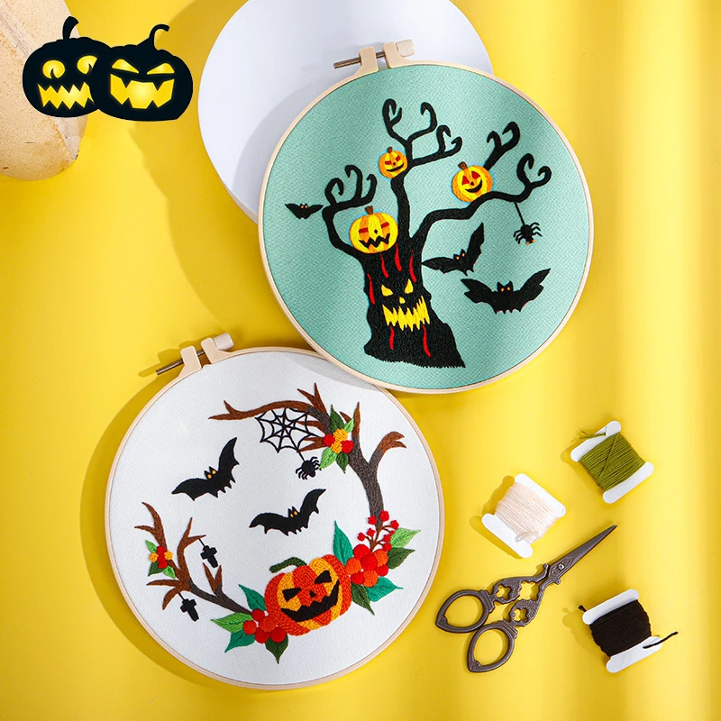 Embroidery Starter Kit for Adult Beginner with Halloween Pumpkin Spider Castle Pattern Stamped Cross Stitch Set