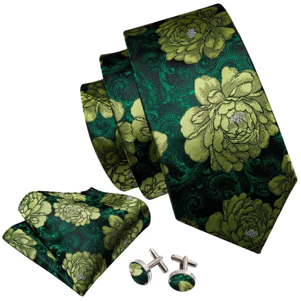 

Green Peony Jacquard Floral Silk Mens Tie Hanky Cufflinks Set Flower Necktie For Male Wedding Business Party Events Barry.Wang