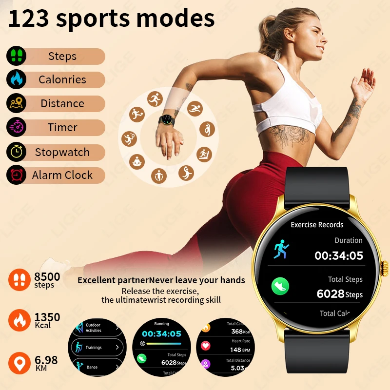 LIGE Smart Watch Sports Fitness Men Women Heart Rate Health Monitor Bluetooth Call IP68 Waterproof Watch Alarm Clock Smartwatch