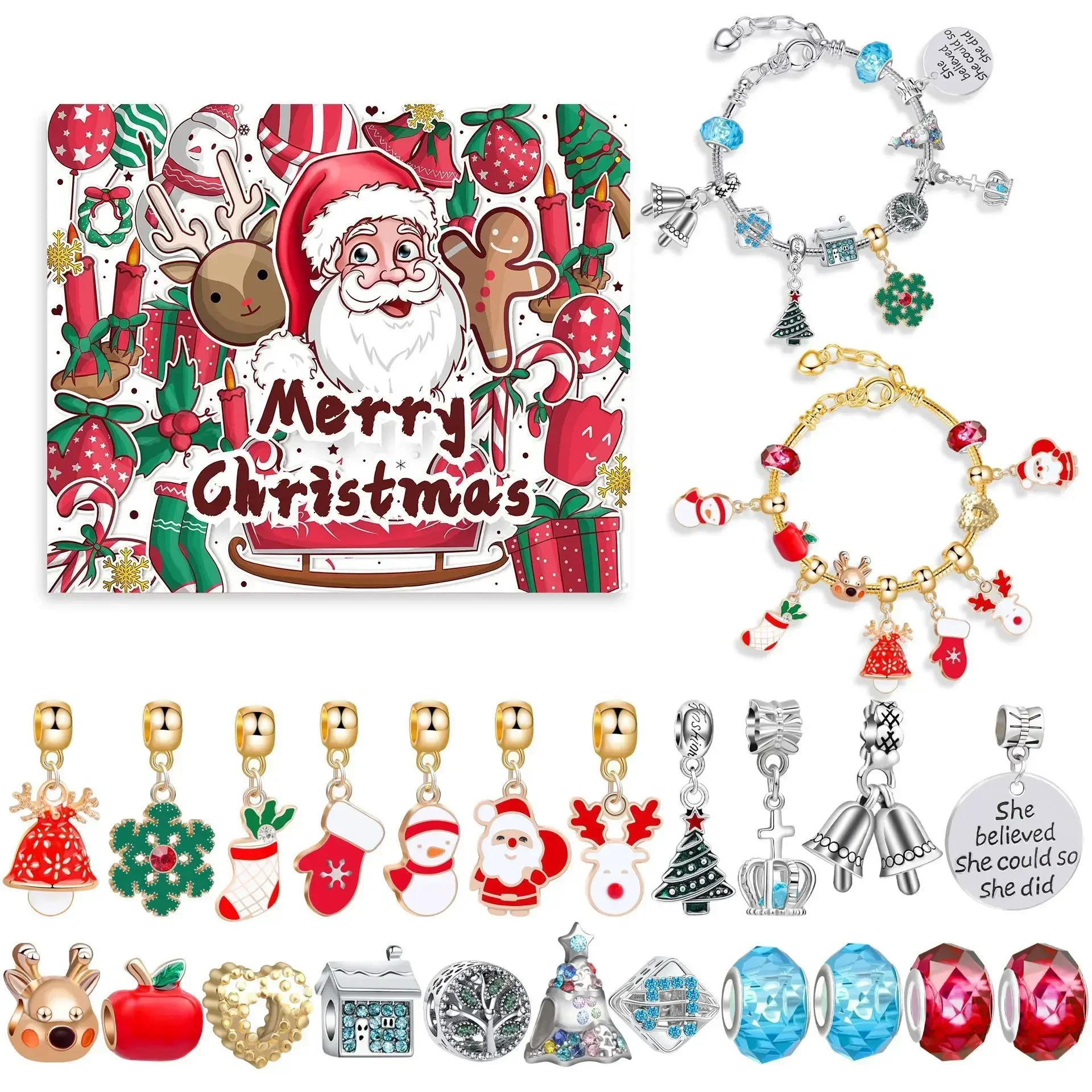 thumbnail image 1 of Calendario de Adviento de 24 días Caja de regalo de joyería Juego de pulseras de joyería azul DIY para niñas y niños Calendario de Adviento de Navidad de cuenta regresiva 2024, 1 of 5