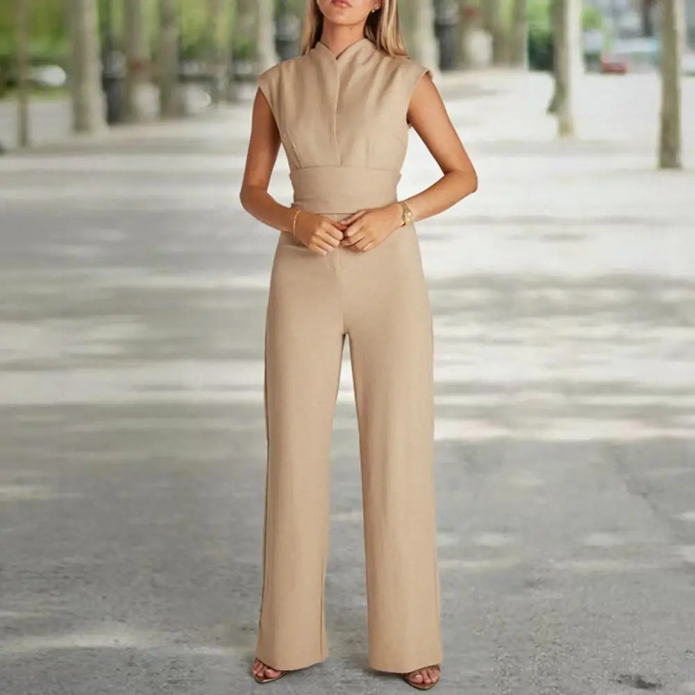 

Jumpsuit Stylish Office Lady Romper Elegant V-neck Jumpsuit with High Waist Belt Straight Wide Leg Design for Summer Workwear V