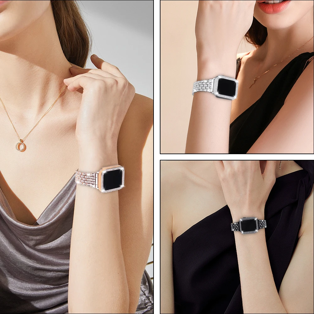 Elegant Diamond Watch Band and Glossy Case Set - Stylish Strap with Protective Cover