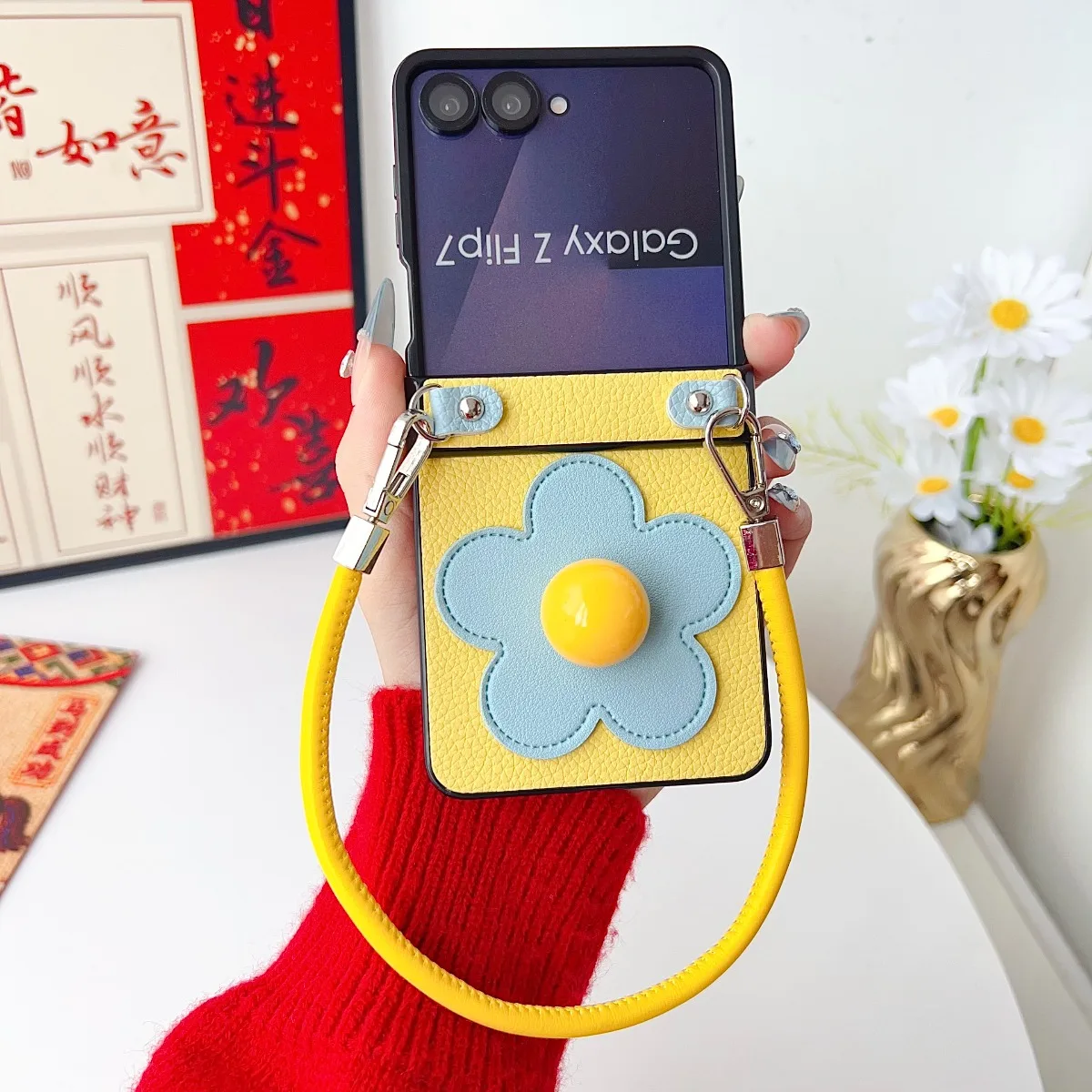 Floral 3D Leather Wristband Phone Case with Shockproof Hinge Protection