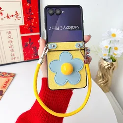 Floral 3D Leather Wristband Phone Case with Shockproof Hinge Protection - Galaxy Z Flip5 (Yellow)
