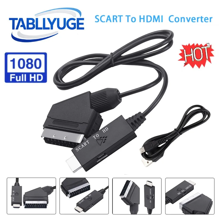 SCART to HDMI-Compatible Converter Cable 1080P SCART in HDMI Out HD 720P/1080P Switch Video Audio Converter Adapter for HDTV/BOX