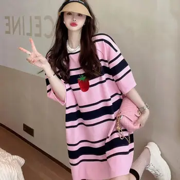 빈티지 대비 스트라이프 티셔츠 상의, 라운드넥 반팔, 루즈한 프린팅 풀오버, 트렌드 한국 패션, 여성 의류, 여름
