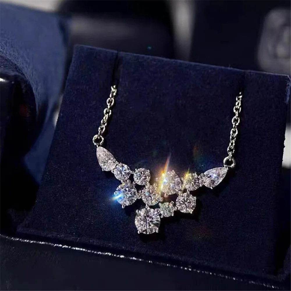 Female Charm Crystal White Blue Moon Stone Heart Pendant Necklace Vintage Silver Color Wedding Jewelry For Women