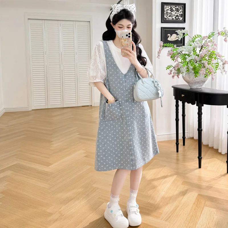 출산복 여름 2026 임산부를 위한 화이트 속이 비치는 탑과 프린트 데님 피나포어 드레스 캐주얼 홈웨어