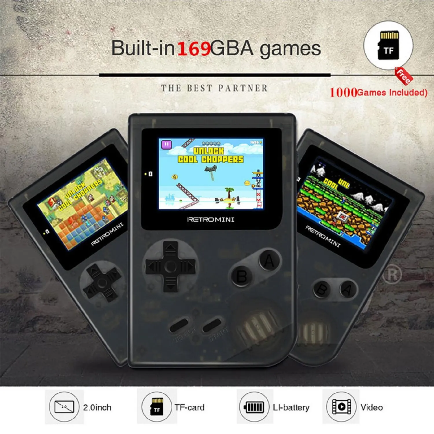 レトロなポータブルゲームコンソール,2インチ画面,169ゲーム