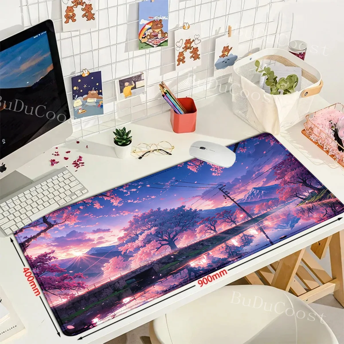 Gamer Sakura-Mauspad, großes Mauspad mit Schlosskante, XXXL, 1000 x 500 mm, rutschfestes Mauspad, große Schreibtischunterlage, Gaming-Mauspad, Tastaturmatte – Detail 9