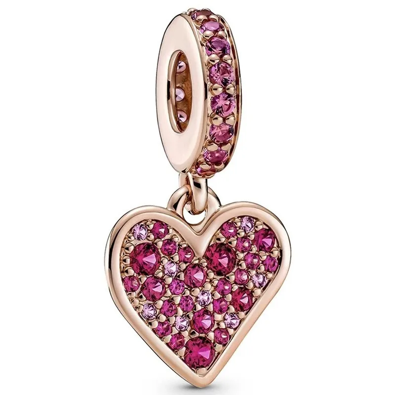 

Authentic 925 Sterling Silver Moments Rose Pave Freehand Heart Barrel Dangle Charm Bead Fit Pan Bracelet & Necklace Jewelry
