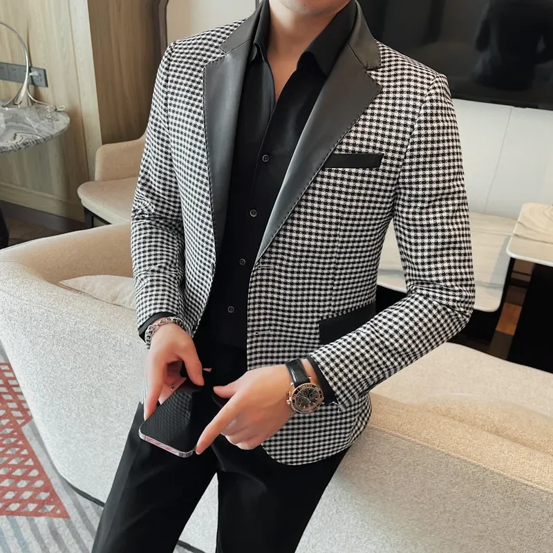 

2024 High Quality Fashion Handsome Trend Boutique Plaid Suit Men's New Spring Slim-fit Single Breasted Collar Splicing Leather