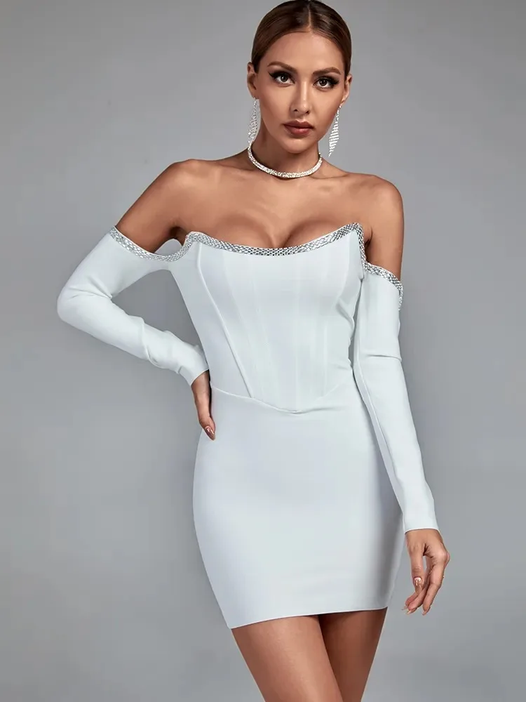 

Long Sleeve Bandage Dress White Bodycon Dress Evening Party Elegant Sexy Off Shoulder Mini Birthday Club Outfits 2023 Autumn