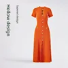 French Style Summer New Design Ladylike Hollow out Ribbed Single Button Knitted Dress Slim Long Skirt Cotton round Neck Dress