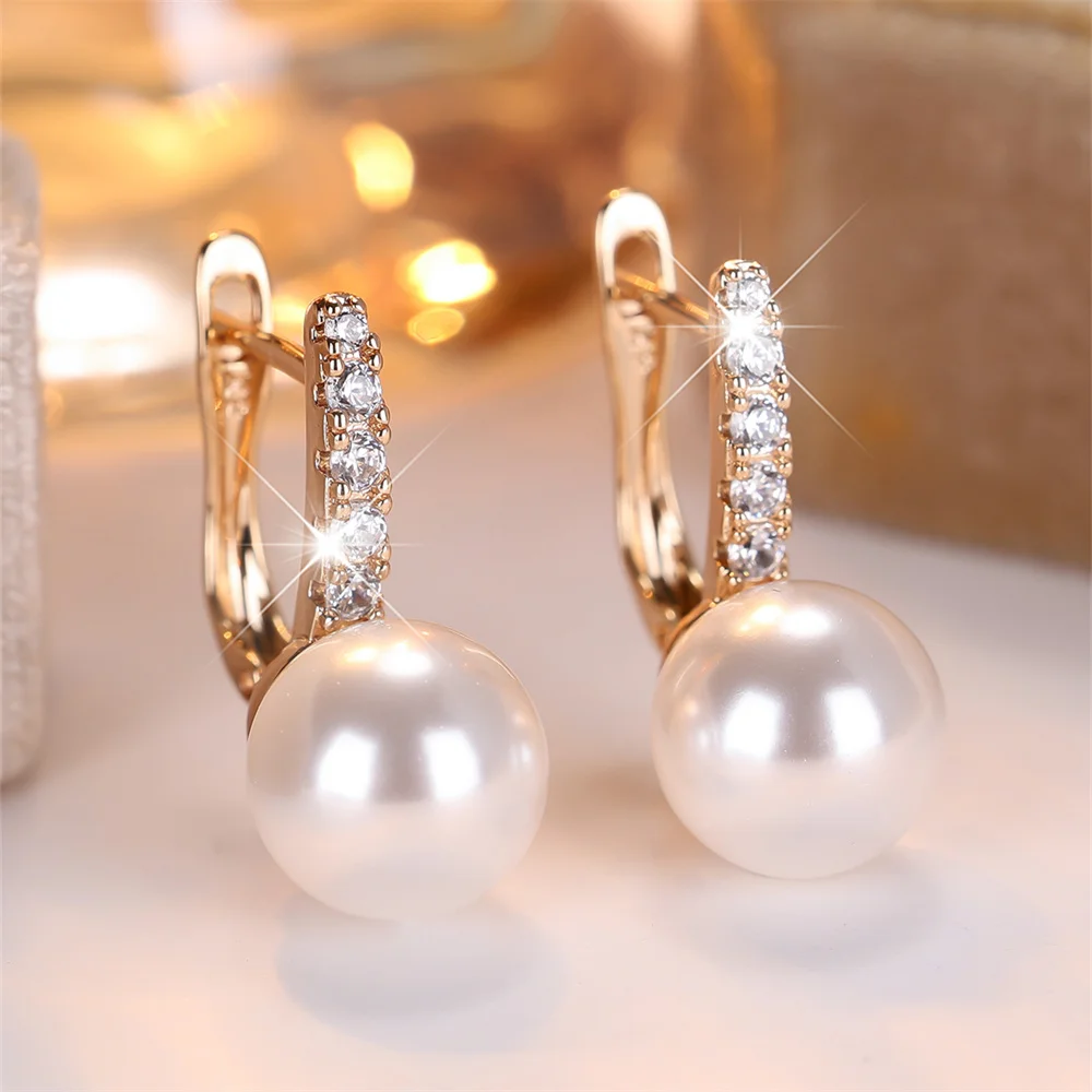 Small Round Simulated Pearl White Zircon Hoop Earrings For Women Vintage Gold Color Ear Buckle Wedding Jewelry Versatile Gifts
