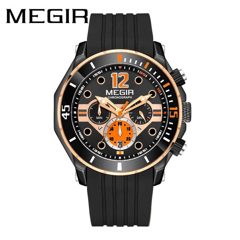 MEGIR New Fashion Silicone Strap Quartz Watch Men Sports Waterproof Chronograph Mens Watches Top Brand Luxury Relogio Masculino