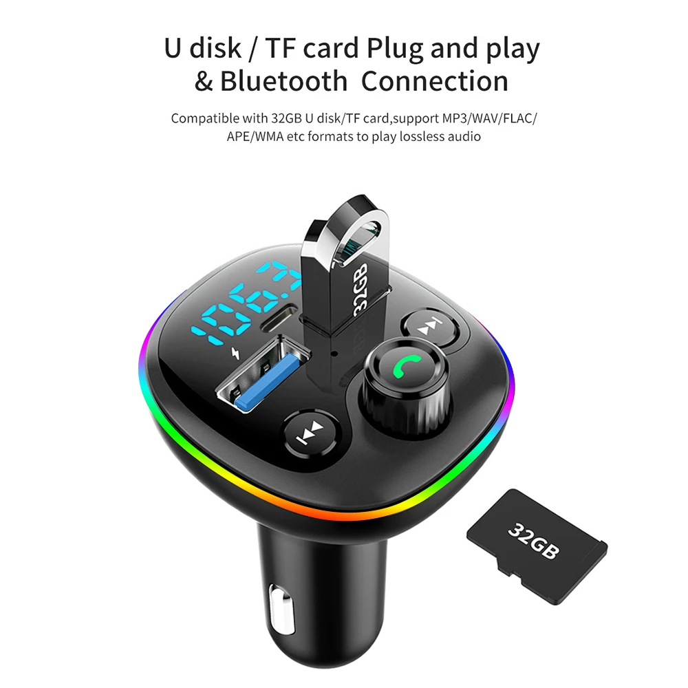 차량용 핸즈프리 FM 송신기 블루투스 자동차 키트, MP3 변조기 플레이어, TF 카드, USB AUX 리시버, 3.1A 듀얼 USB TYPE-C 고속 충전기