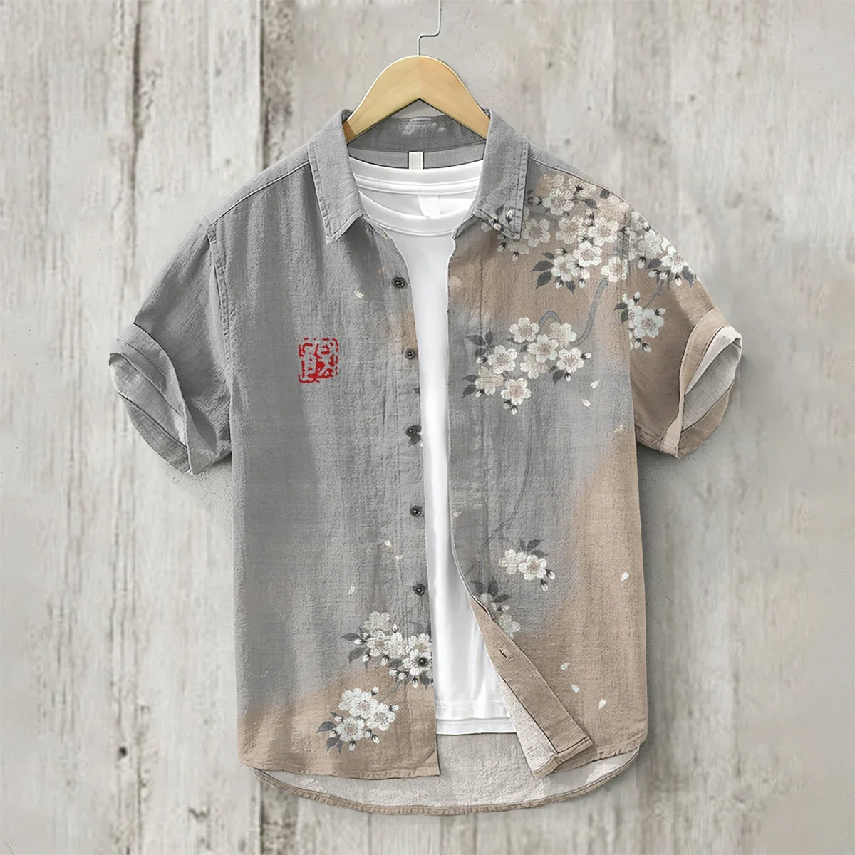 Linen Shirt for Men, 3D Print, Retro Japanese Art, Short Sleeve, Flip Collar, Casual Hawaii, Loose Beach Top, Pond, Fish, New,