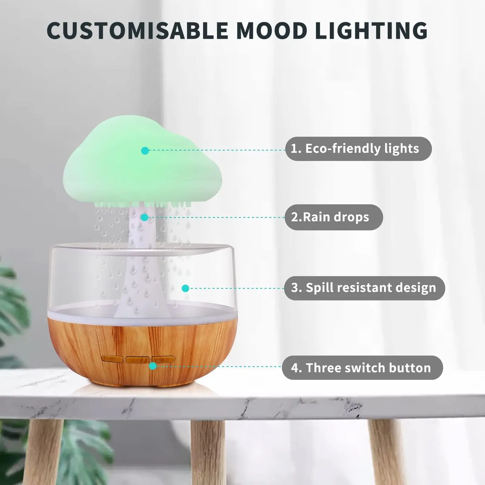 Rechargeable Cloud Rain Humidifier for bedroom with Soothing Rain Sounds Home Essential Oil Diffuser with   7 Colors LED Light