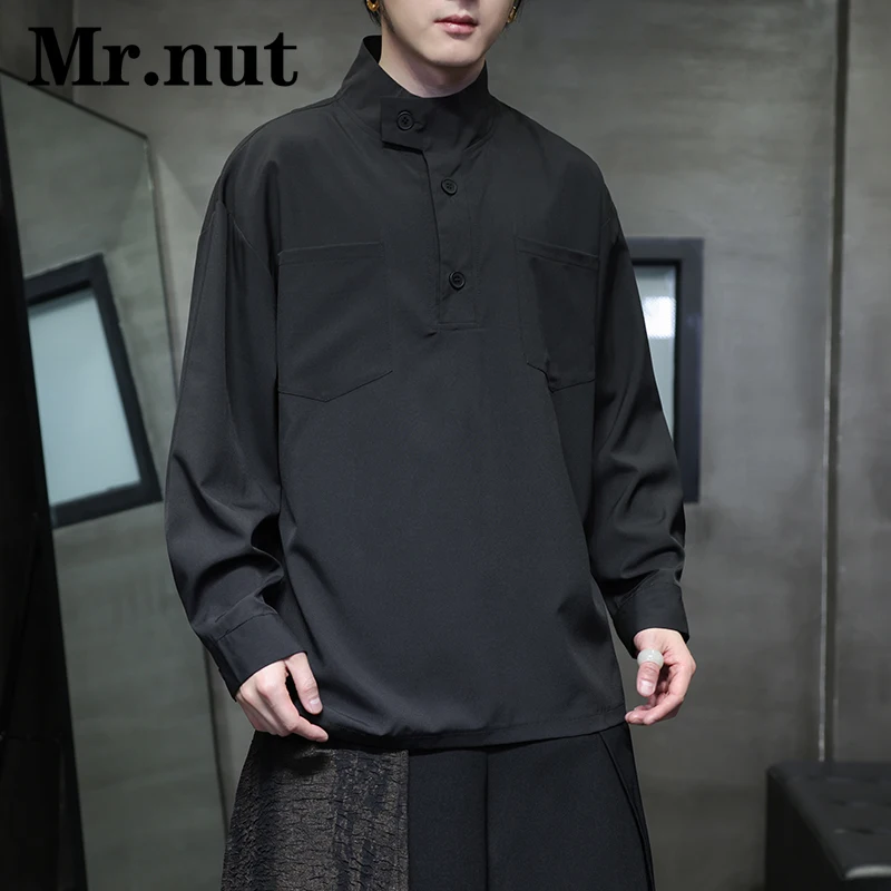 

Mr.nut High Necked Shirt Double Pocket Men's Shirts Popular Clothes Personality Luxury Clothing Long Sleeved Stylish Black Tops