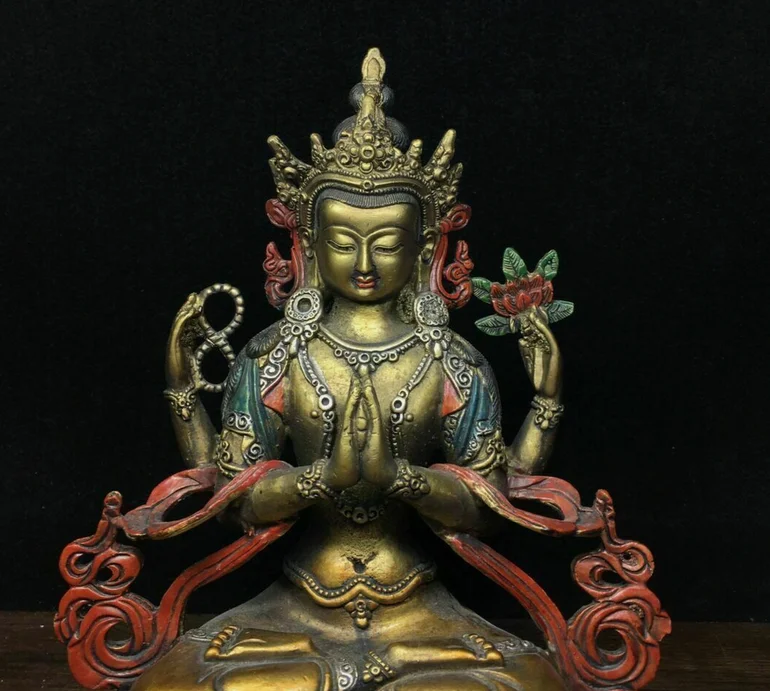 Tibet Buddhism Bronze Brass Louts 4 arms Chenrezig Buddha Statue Sculpture Q 4