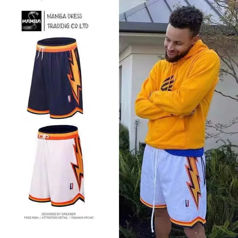American Style Basketball Shorts Men Women Five-Quarter Length Training Sports Pants Retro Lightning Design for Training And Pla