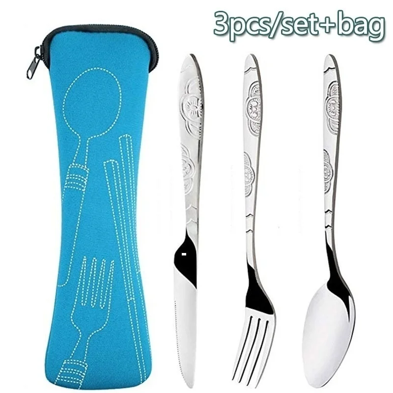 3pcs Set Dinnerware Portable Printed Stainless Steel Spoon Fork Steak Knife Set Travel Cutlery Tableware with Bag