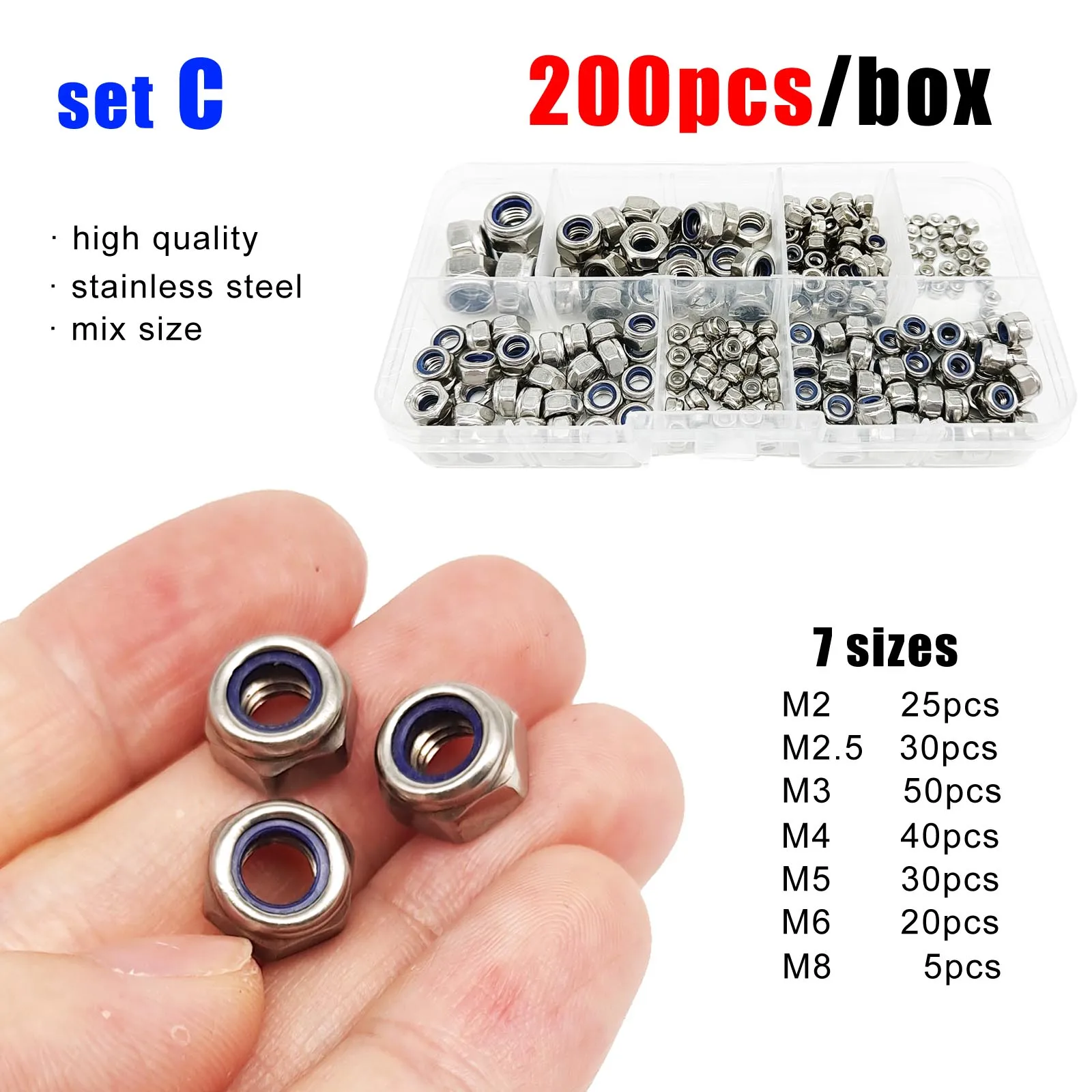 Nylon Lock Nut 357/200/162pcs Mix M2 to M12 Set Kit DIN985 304 A2 Stainless Steel Hexagon Nylon Insert Lock Nut Hex Self Locking Nylock Locknut