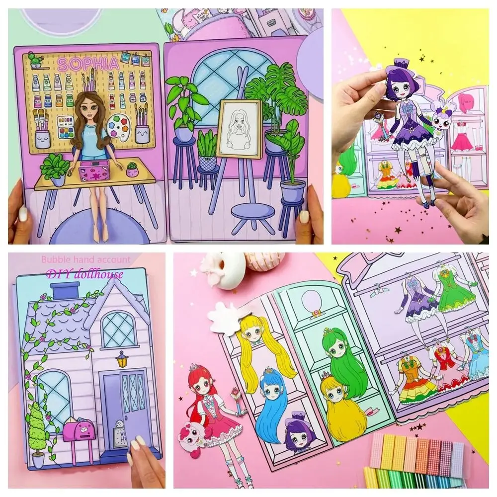 

No Cutting Paper Doll House Girl Handmade Play Repeatedly Paper Doll Quiet Book Handbook Collage Set DIY Cute Princess Book