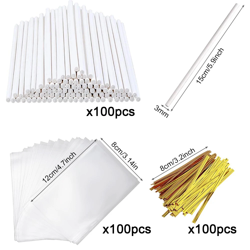 100Pcs DIY 롤리팝 스틱 투명 셀로판 가방 키트 케이크 팝 롤리팝 캔디 초콜릿 컵케익 토퍼를 만들기위한 종이 스틱