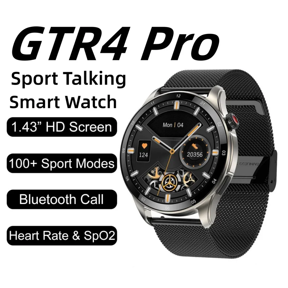 

New GTR4 Pro Smart Watch for Men 1.43” HD Bluetooth Call Heart Rate Blood Pressure Men's Smartwatch 100+Sports Modes for Huawei