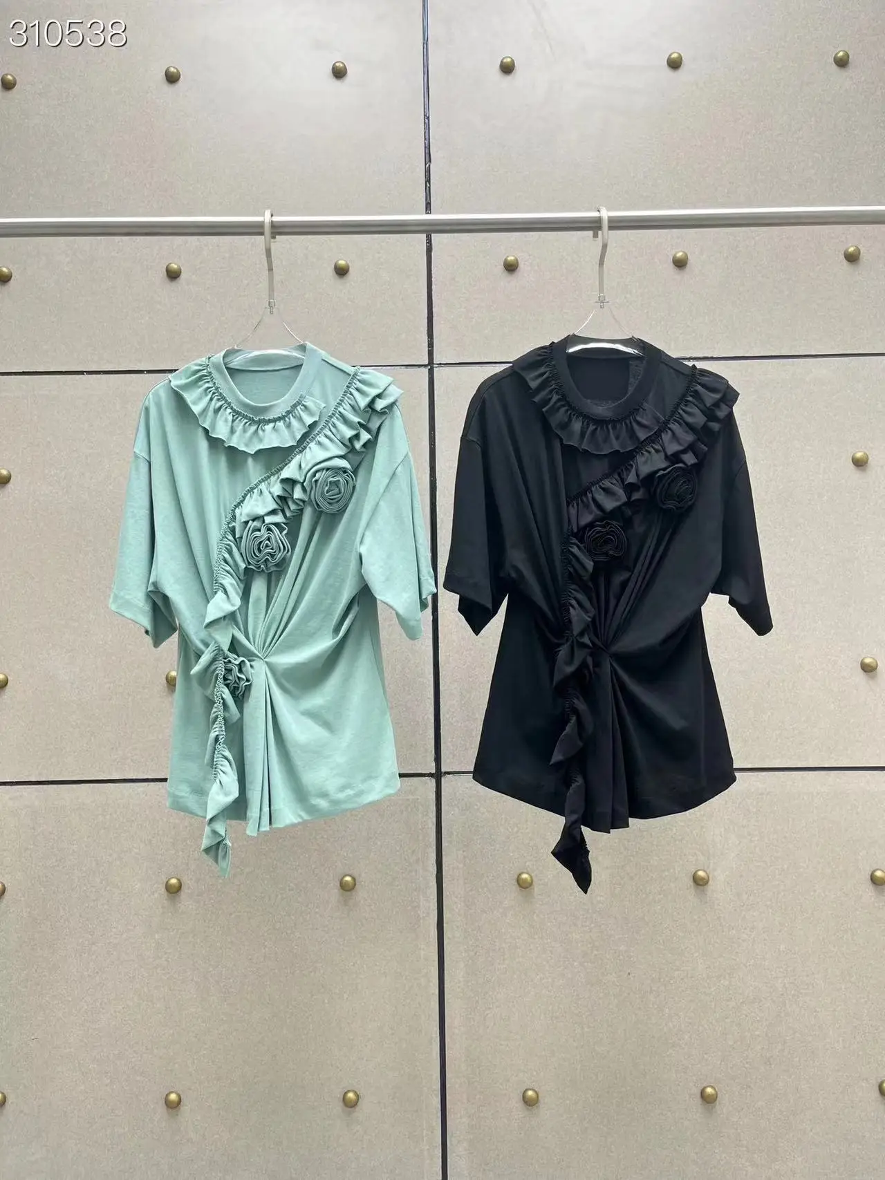 

Fashion Luxury Solid Blouse 2023 Summer Spring New Design Women Runway Flowers High Quality Short Sleeves Blouse
