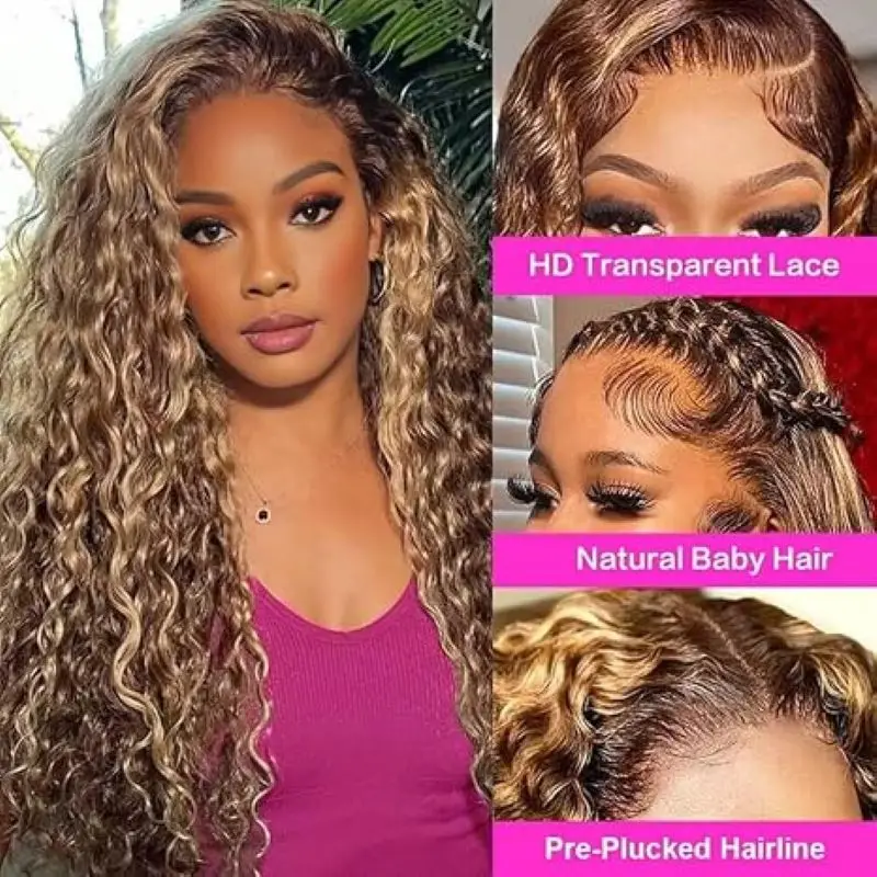 Rosslyn Curly Wigs P4/27 Highlight Wig Human Hair Water Deep Wave Frontal Wig Hd Lace Wigs 360 Full Lace Bleached Knoted