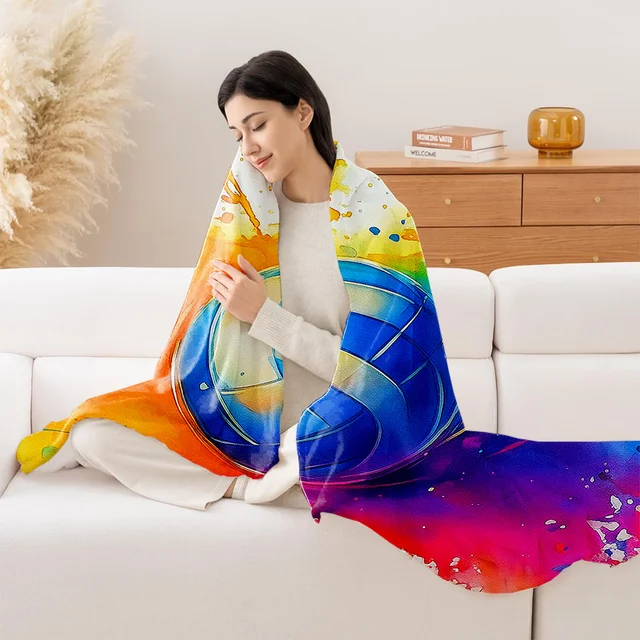 1pc Volleyball Print Fleece Blanket - Plush High-GSM All-Season Soft Bedspread with Turquoise Yellow Pink Blue Watercolor Volley 6