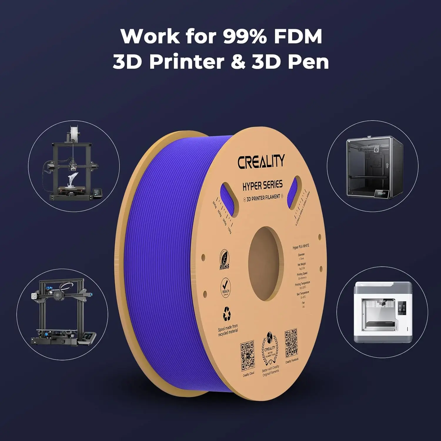 Creality 하이퍼 PLA 필라멘트, 고속 3D 프린터 필라멘트, 30-600 mm/s, 1kg(2.2lbs)/스풀 PLA 필라멘트, 1.75mm